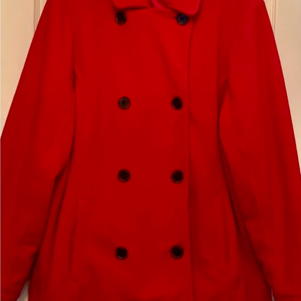 Red Pea Coat with Wide Collar and Mid-Length Design